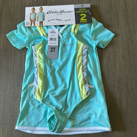 Eddie Bauer Kids One-Piece Turquoise /White/ Yellow Swimsuit Plus Cover Up Nwt - Picture 2 of 8